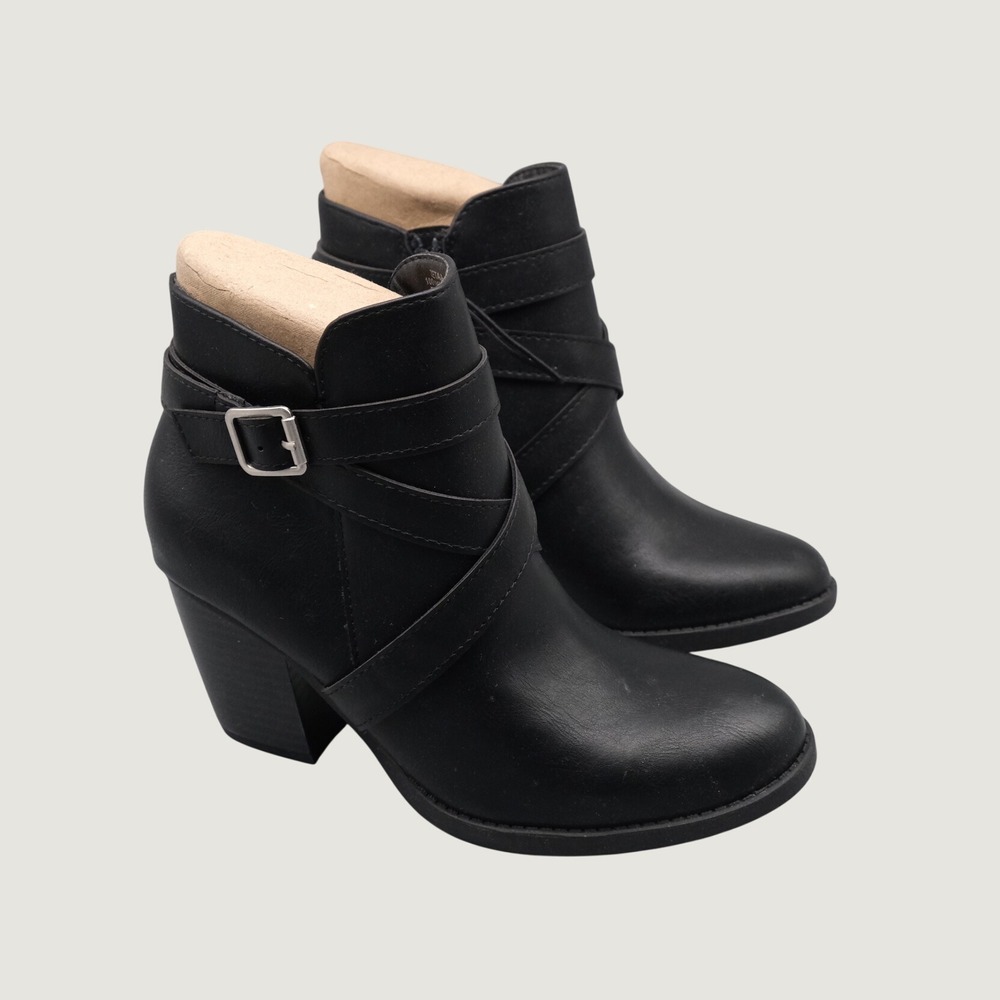 Style & Co Zetaa Black Ankle Boots Strappy Block Heel Size 5M Faux Leather